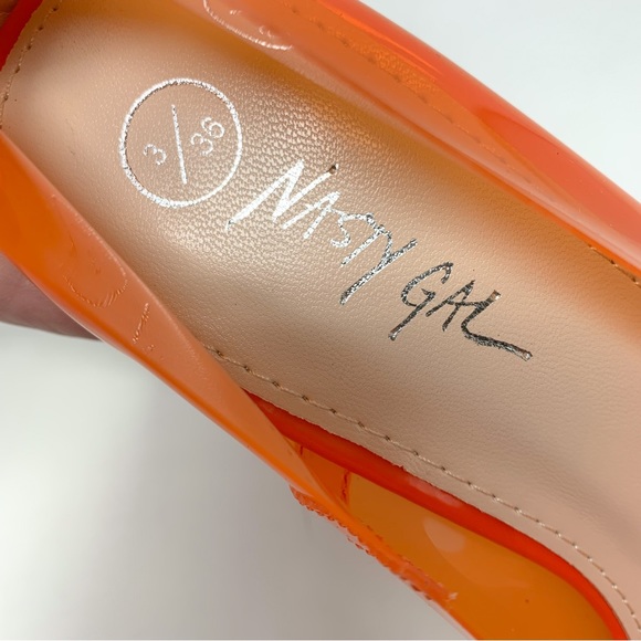 NEW Nasty Gal Clear Vinyl Patent Pointed Toe Block Heel Pumps Orange Retro 36 - Picture 7 of 8